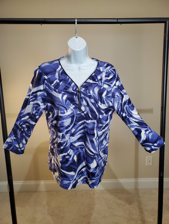 Chico's Tops - Chico's - Indigo Abstract Swirl Print -  Zipper Accent Top Size 1 Medium